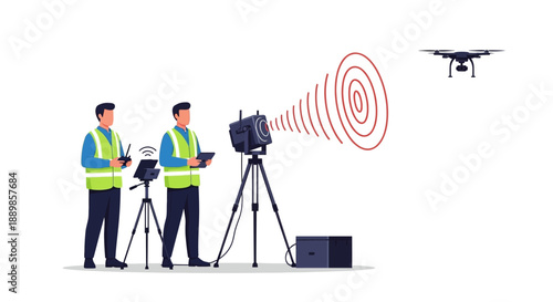 Two technicians operating drone jamming equipment in a controlled environment with a sleek and modern setup.
