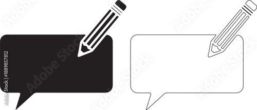 Black and white speech bubbles with pencil icons, simple illustration, vector graphics, communication concept, minimalist design.