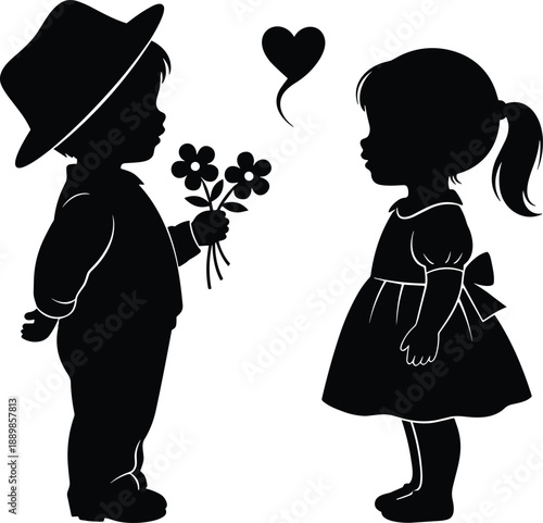 Boy offering flowers to girl silhouette childhood love innocence black vector illustration isolated on white background sweet friendship concept design