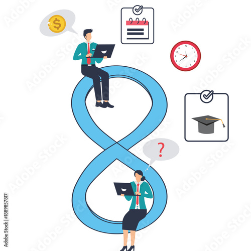 Flat vector style illustration of business people sitting on infinity loop while working on laptops to represent continuous workflow, agile collaboration, and sustainable productivity stock illustrati