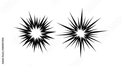 Two abstract starburst shapes are prominently displayed on a white background exhibiting a spiky radiating design high quality