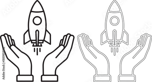 Simple vector illustration of hands launching a rocket, symbolizing innovation and startup success.