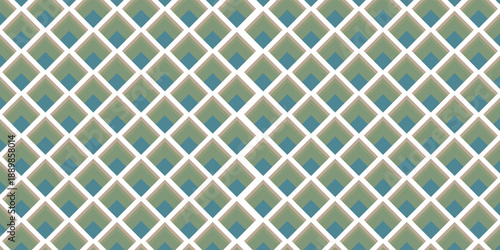 A seamless geometric pattern featuring nested diamonds in muted green, blue, and white, creating a repetitive and modern design.
