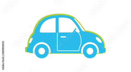 A simplified illustration depicts a blue and green vintage car with an open door showcasing its design