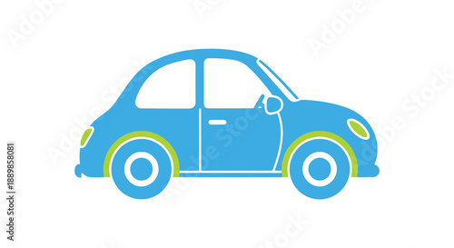 A simple blue illustration depicts a classic car with rounded features and open door high quality professional detailed