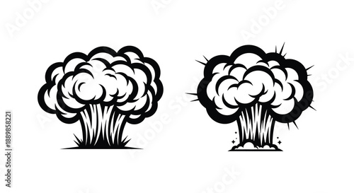 This image depicts two distinct black and white explosion illustrations showcasing billowing smoke and radiating impact lines