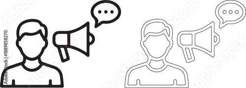 Simple black and white illustration of a person using a megaphone with a speech bubble, representing communication and announcement.