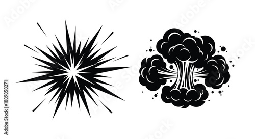 A stark illustration depicting two distinct explosion shapes in black and white showcasing impact and energy release