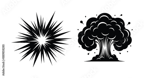 A striking black and white illustration depicts two distinct explosion shapes showcasing impact and destruction high quality professional