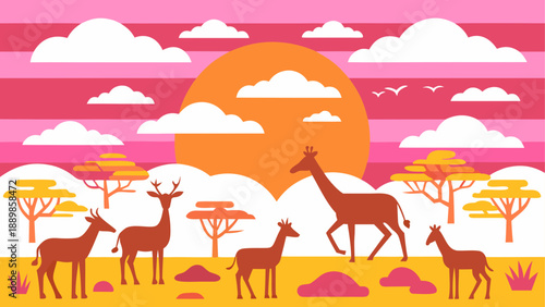 African savanna sunset with giraffe and deer herd in vibrant pink sky illustration