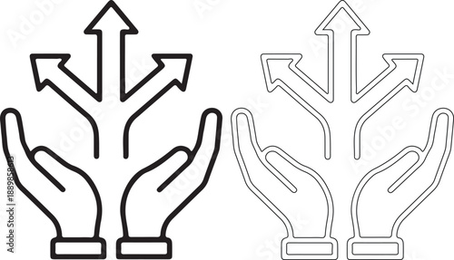 Vector illustration of hands with arrows pointing upwards and outwards, symbolizing growth, opportunity, and abundance in a simple design.