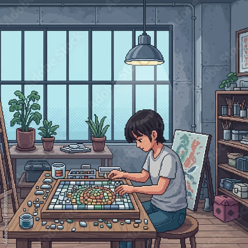 Young Boy Concentrated on Board Game in Cozy Room with Wooden Table and Natural Light