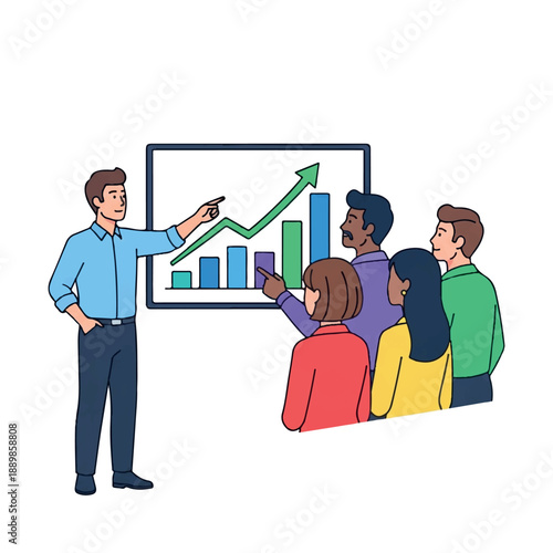 A professional man presents a graph to a diverse group of people in a professional setting with a colorful and informative mood.