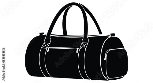 A simple black and white illustration depicting a cylindrical duffel bag with handles and pockets high quality professional