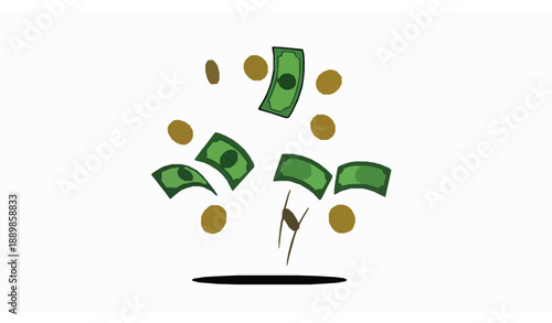 Winning lottery money explosion vector illustration with dollar banknotes and gold coins