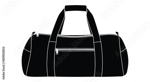 A simple black duffel bag illustration featuring a central zipper and two robust carrying handles is displayed