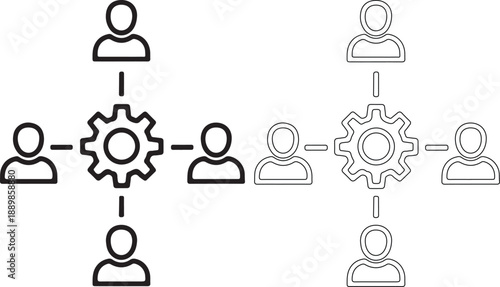 Vector illustration of a team collaboration process with people icons and gears, symbolizing workflow and productivity in a simple, modern design.
