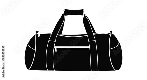 A minimalist black and white illustration depicts a rounded duffel bag with a zipper and handles showcasing simplicity
