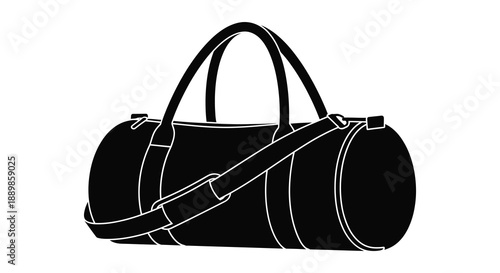 A simple black and white illustration depicts a cylindrical duffel bag with handles and a shoulder strap