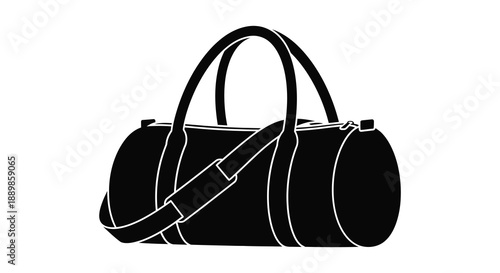 A simple black and white illustration depicts a duffel bag with a shoulder strap providing a minimalist design aesthetic