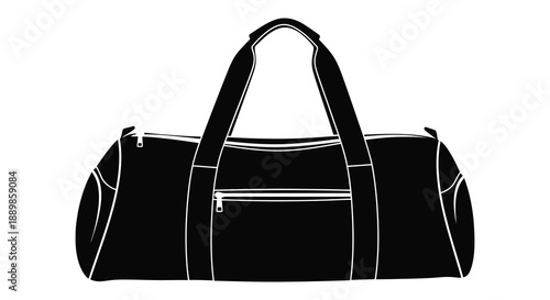 A striking black and white illustration depicts a cylindrical duffel bag with a sturdy handle and zipper