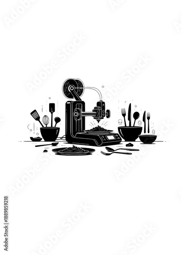 Food 3D Printer Kitchen Silhouette, Personal Desktop Bio-Printing, Future Home Cooking Technology and Culinary Innovation Vector Art