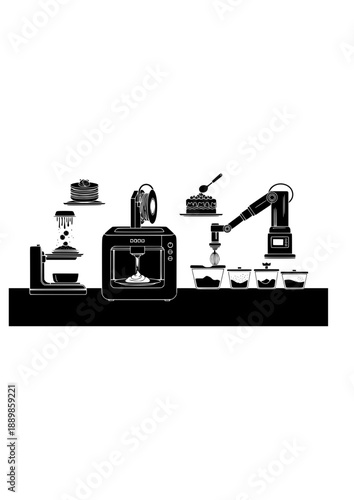 Food 3D Printer Kitchen Silhouette, Personal Desktop Bio-Printing, Future Home Cooking Technology and Culinary Innovation Vector Art