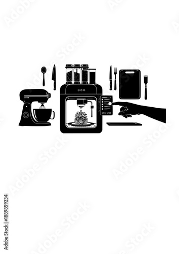 Food 3D Printer Kitchen Silhouette, Personal Desktop Bio-Printing, Future Home Cooking Technology and Culinary Innovation Vector Art
