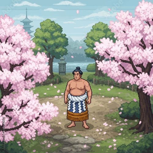 Relaxed Sumo Wrestler Amidst Cherry Blossoms in Peaceful Park