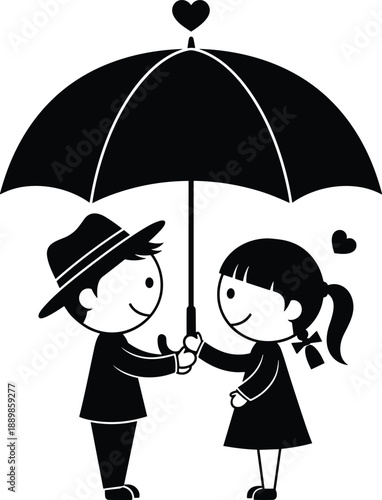 Cute boy and girl sharing umbrella silhouette childhood love friendship black vector illustration isolated on white background romantic kids concept