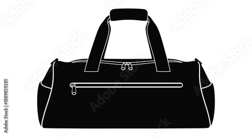 A sleek black duffel bag outline is prominently displayed against a stark white background showcasing its form