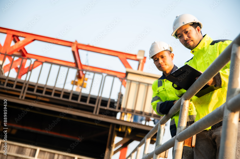 Fototapeta premium Two engineers are examining the operation of various systems in a wastewater treatment plant.