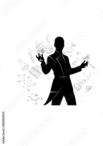 Molecular Mixology Sommelier Silhouette, Future Cocktail Bar Science, Luxury Gastronomy and Science Based Beverage Design Vector