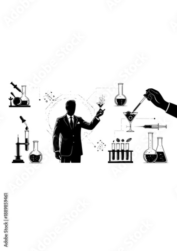 Molecular Mixology Sommelier Silhouette, Future Cocktail Bar Science, Luxury Gastronomy and Science Based Beverage Design Vector