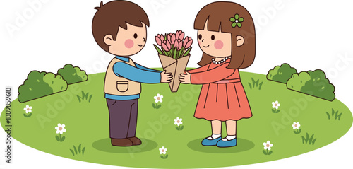 Cute boy giving flowers to girl in park illustration romantic childhood love concept colorful cartoon vector isolated background