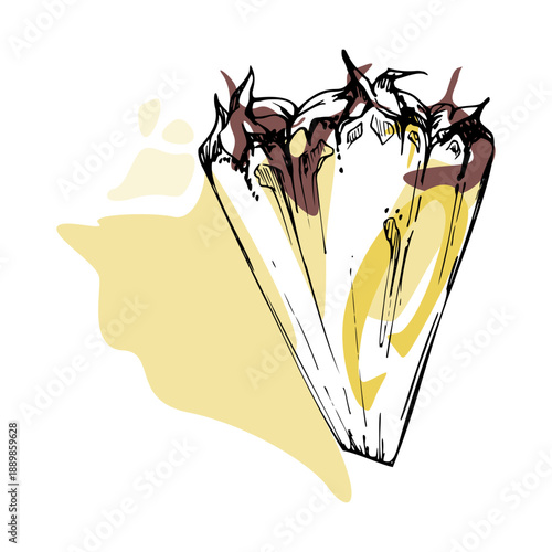 Tropical fruit slice, yellow pineapple wedge with textured pulp hand drawn in ink. Vector garnish for cocktail sets, tiki smoothie menus, summer party prints, exotic food branding, island beach ads