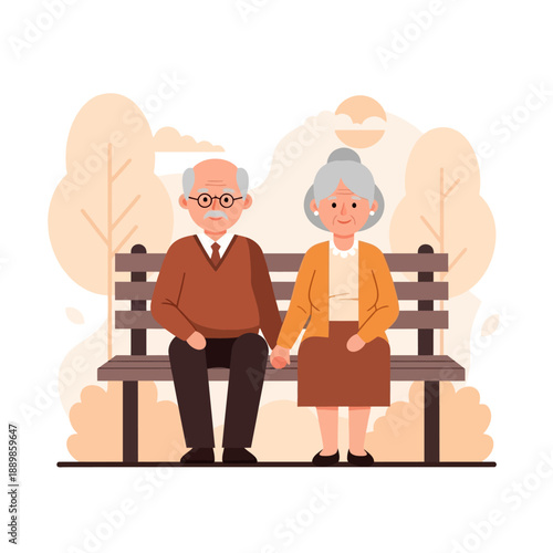 Elderly Couple Sharing Affection on a Wooden Bench in a Serene Park Scene