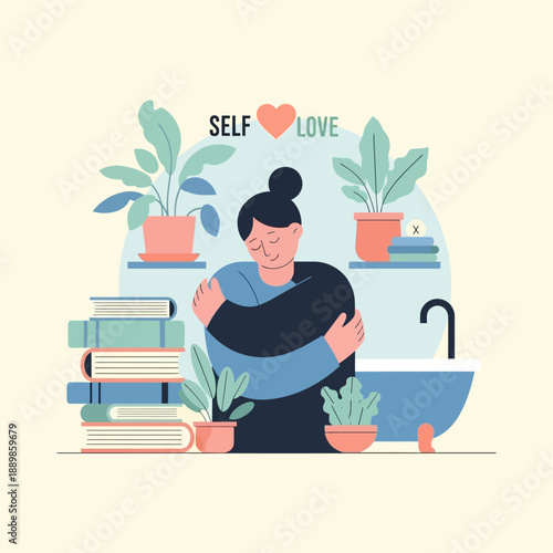 Serene woman self-embracing in bathroom with bath, plants, books, floating 'SELF LOVE' text (heart symbol)