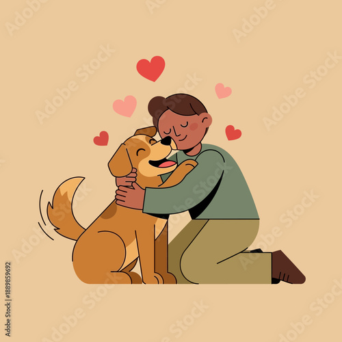 Cartoon woman Hugging Dog with Floating Hearts in Warm Peach Background