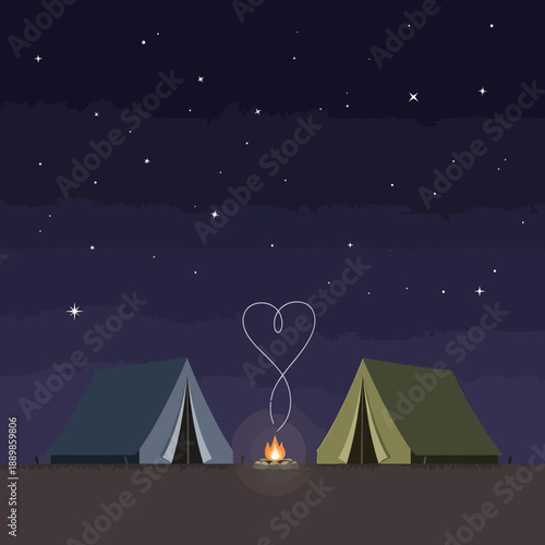 Heart-Shaped Campfire Smoke Between Blue and Green Tents Under Starry Sky