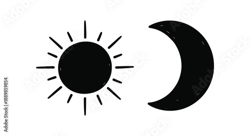 A simple black and white illustration depicting a stylized sun emitting rays alongside a crescent moon shape