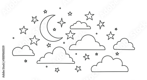 A simple black and white illustration depicts a crescent moon fluffy clouds and twinkling stars in the night sky