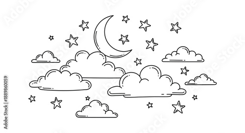 A whimsical line drawing depicts a serene night sky filled with stars a crescent moon and fluffy clouds