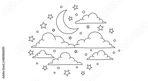A charming black and white illustration depicts a night scene with a crescent moon fluffy clouds and twinkling stars