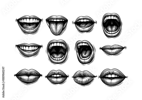 Hand drawn engraved vintage mouth expressions collection on white background