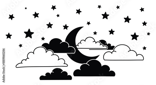 A simple black and white illustration depicts a crescent moon nestled among fluffy clouds and twinkling stars