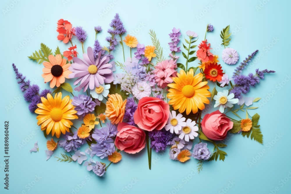 Obraz premium Vibrant handmade paper flowers arranged on a pastel blue background