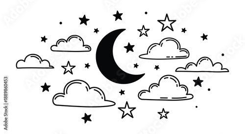 A charming black and white illustration depicts a crescent moon surrounded by fluffy clouds and twinkling stars creating a peaceful night scene