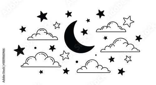 A whimsical black and white illustration depicts a crescent moon fluffy clouds and twinkling stars in the night sky