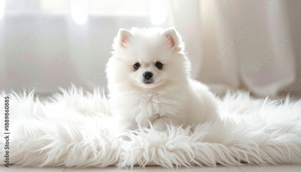 Obraz premium Adorable White Pomeranian Puppy on Fluffy Rug.